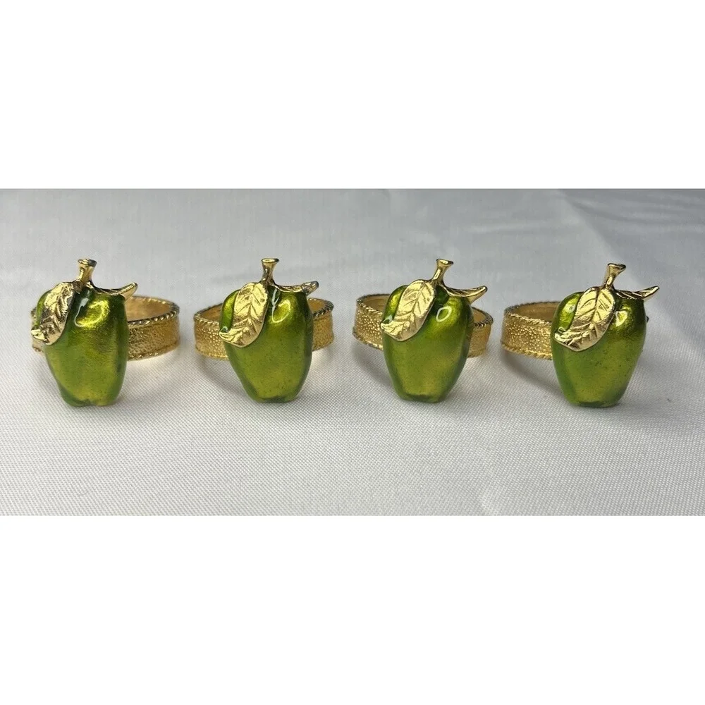 Set of 4 Vintage Green Apple Enamel Gold Tone Napkin Rings Fall Table Decor